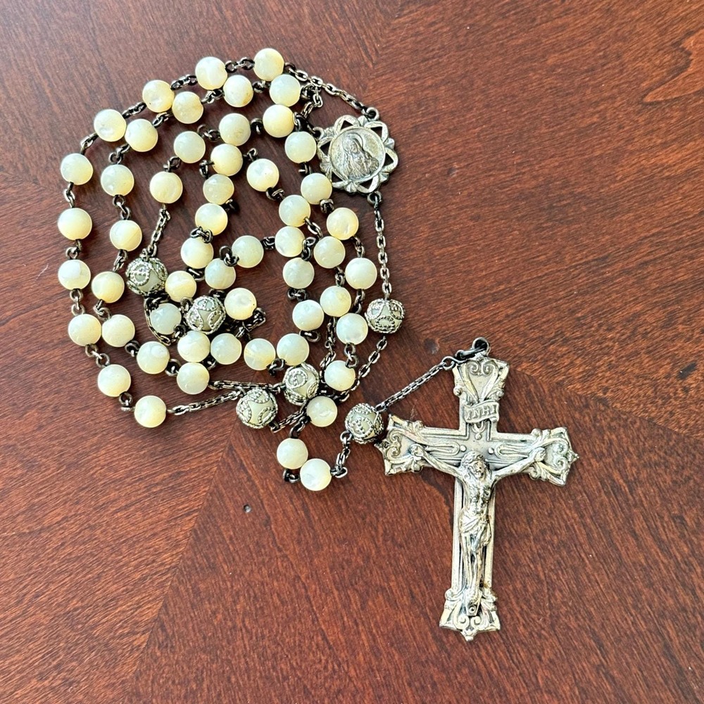 Vintage Rosary Sterling Silver Crucifix & Center Chinese Shou Symbol White Beads